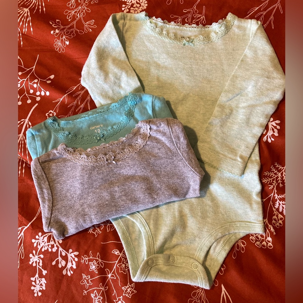 Bundle 3 Pack of Carters Long-Sleeve Onesies with Lace Trim and Bow 12 months